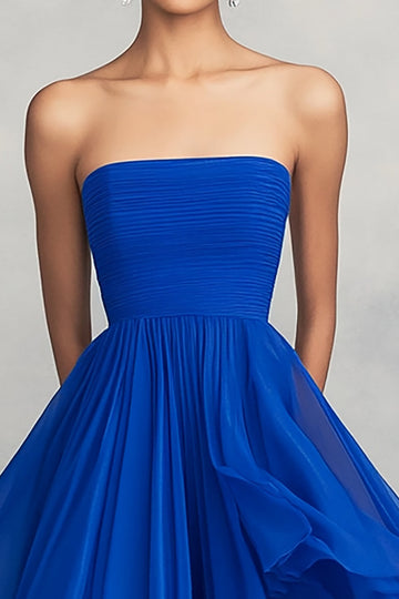 Royal Blue Ruffled Ball Gown Chiffon Strapless Pleated Long Formal Dress